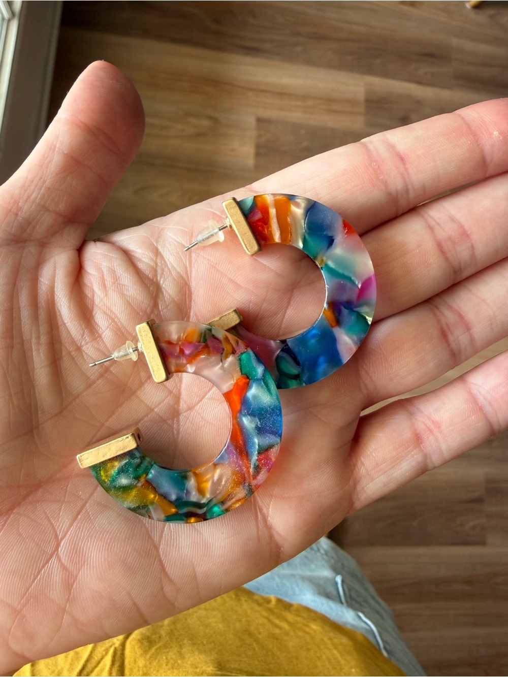 Multicolor Resin Hoop Earrings with Gold Accent